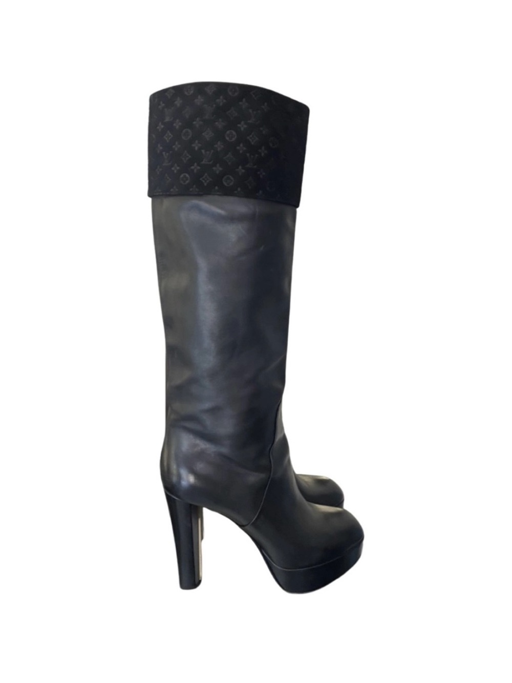 Louis Vuitton Black Leather Platform Over-the-Knee Boots with Monogram Cuff